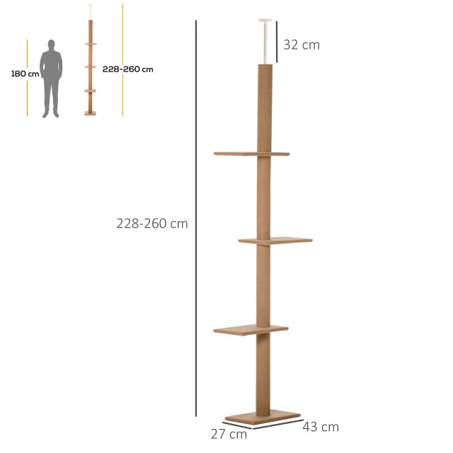 PawHut 4-Level Cat Scratching Post Tree, Ρυθμιζόμενη στερέωση οροφής, 43x27x228-260cm D30-296V02BN