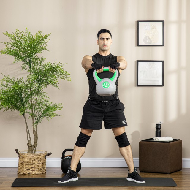 SPORTNOW Kettlebell 16kg σε PU και Sand με επίπεδη βάση και λαβή για Deadlifts, Squats και Lifts, 26x18x32 cm, Πράσινο A91-255V07GN
