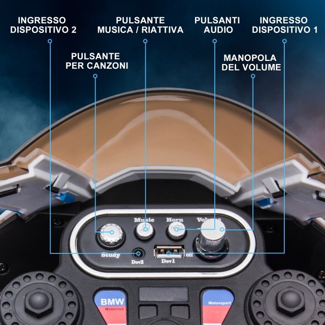Μοτοσικλέτα HOMCOM για παιδιά 18-60 μηνών Μοντέλο BMW HP4 με προβολείς, μουσική και πετάλια, σε PP και μέταλλο, 82,5x42x54 cm, μπλε 370-211V90BU