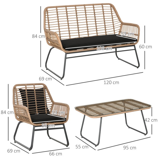 Σετ έπιπλα κήπου Outsunny σε PE Rattan με 2 πολυθρόνες, καναπέ και τραπεζάκι σαλονιού με γυάλινο ράφι 860-202