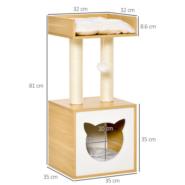 PawHut Cat House με γρατσουνιές σιζάλ, μαξιλάρια και μπάλα που πλένονται, 35x35x81cm, δρυς D30-435