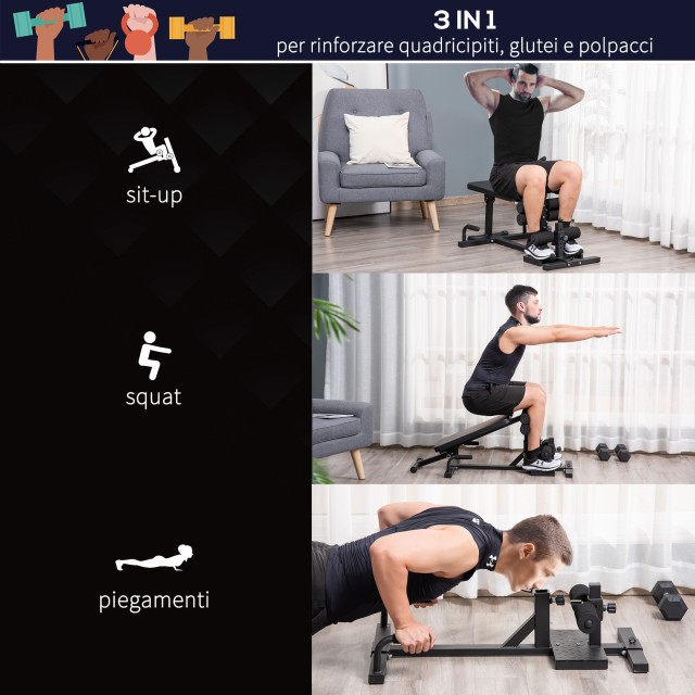 HOMCOM 3 σε 1 Squat Machine με ρυθμιζόμενο ύψος και ανακλινόμενο ατσάλινο πάγκο, 100x58x46cm - Μαύρο A91-182BK