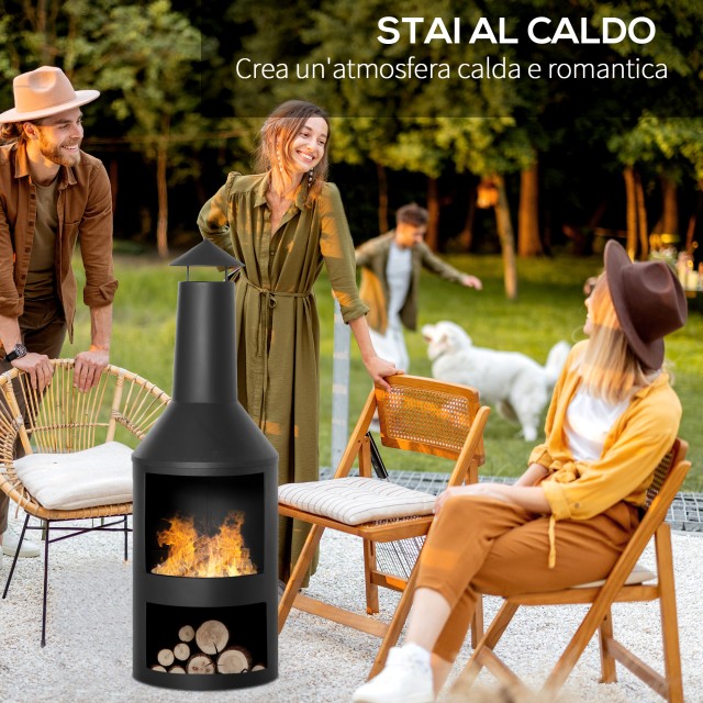 Outsunny Metal Garden Fire Pit με τζάκι, κούτσουρο και πόκερ, Φ44,5x133cm, Μαύρο 842-249