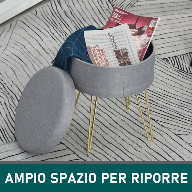 HOMCOM 2 in 1 Storage Ottoman με λειτουργία σκαμπό και τραπεζάκι σαλονιού, σε ξύλο και γκρι ύφασμα, μέταλλο με χρυσό φινίρισμα, 36x36x45 cm 838-033V70