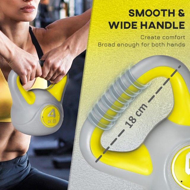 SPORTNOW Kettlebell 4kg σε PU και Sand με επίπεδη βάση και λαβή για Deadlifts, Squats και Lifts, 18x12x20 cm, Κίτρινο A91-255V01YL