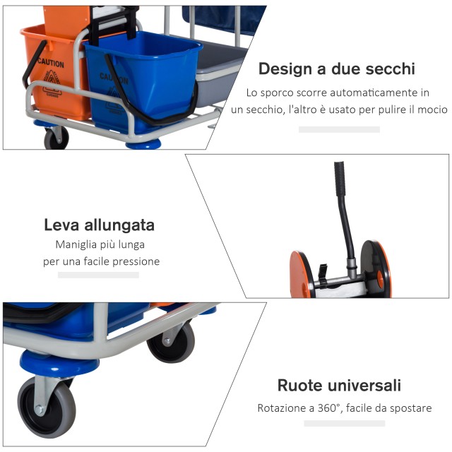 Homcom Professional Cleaning Cart with 4 Bucket Wheels Canvas Bag, Grey 720-006