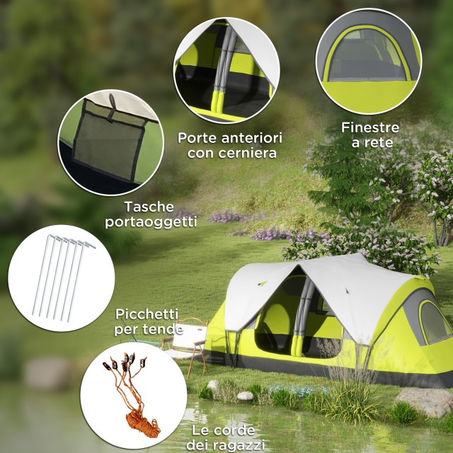 Σκηνή Camping Outsunny 4 ατόμων με 2 Χώρους Χώρους, από Πολυεστέρα και Fiberglass, 450x215Px180 cm, Πράσινο A20-422V00YG