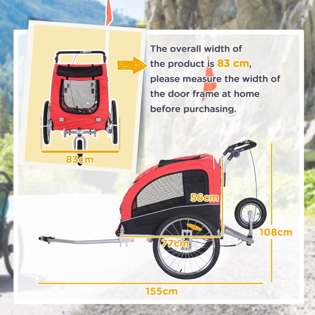 PawHut Bicycle Trailer για σκύλους μεσαίου μεγέθους με 2 εισόδους με παράθυρα και ηλιοροφή, 126-155x83x108 cm, κόκκινο 5663-1289
