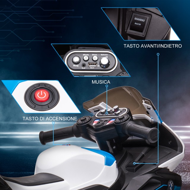 Μοτοσικλέτα HOMCOM για παιδιά 18-60 μηνών Μοντέλο BMW HP4 με προβολείς, μουσική και πετάλια, σε PP και μέταλλο, 82,5x42x54 cm, μπλε 370-211V90BU