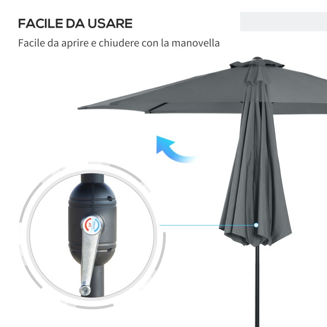 Outsunny Garden Parasol Φ300cm Ανακλινόμενη με μεταλλική μανιβέλα και σκούρο γκρι πολυεστέρα 840-070CG