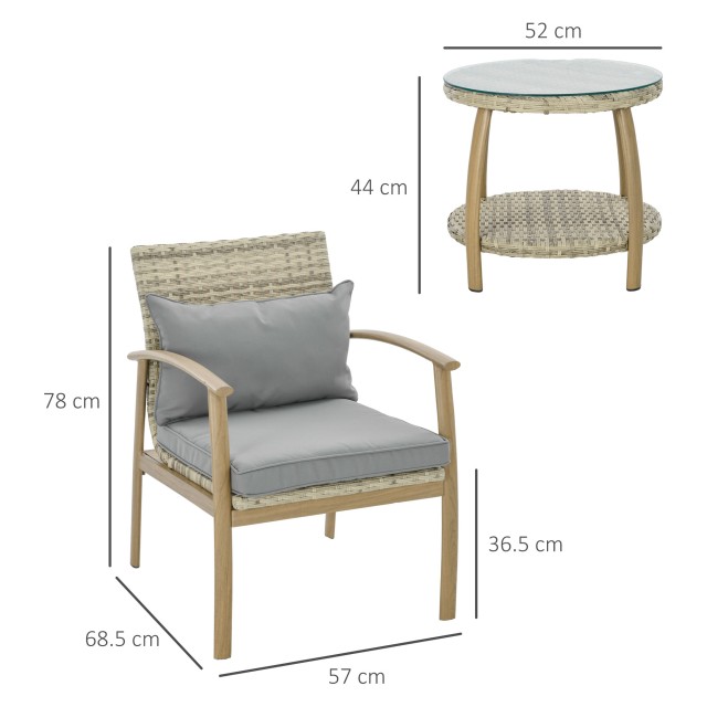 Outsunny Rattan Garden Lounge με 2 πολυθρόνες με μαξιλάρια και γυάλινο τραπέζι, καφέ και γκρι 863-125V00LR