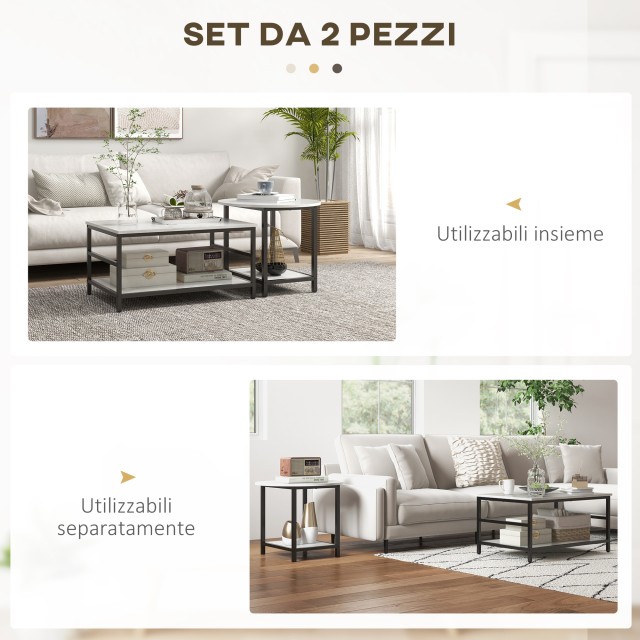 HOMCOM Σετ 2 τραπεζάκια σαλονιού 2 επιπέδων από μοριοσανίδα και ατσάλι με μαρμάρινο εφέ, μαύρο και άσπρο 839-766V00WT