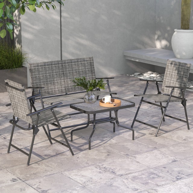 Σετ σαλονιού Outsunny Garden με Γυάλινο Τραπεζάκι Σαλονιού, 2 Πτυσσόμενες Πολυθρόνες και Καναπέ, Γκρι 84G-273V00GY