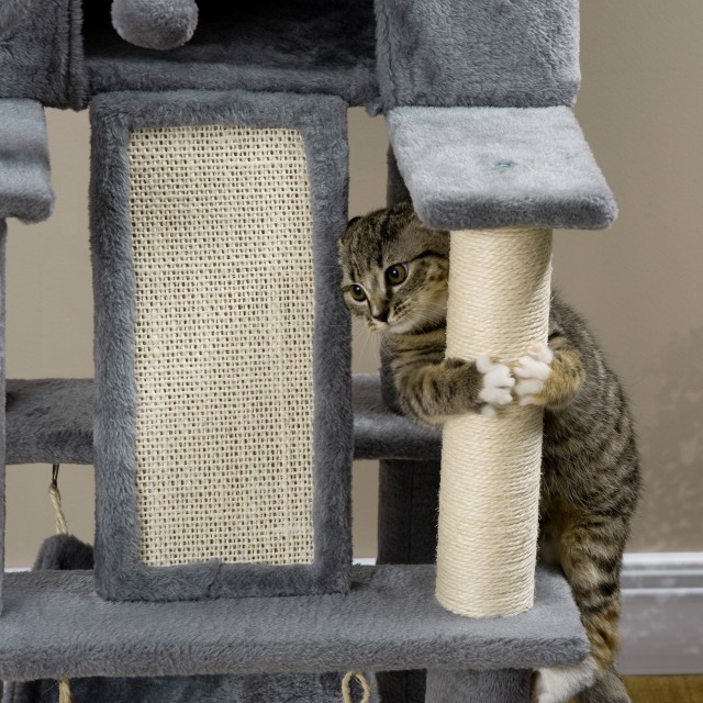 PawHut Cat Tree with Sisal Posts, Σπίτι, Κρεβάτι και Αιώρες, 48x48x140cm, Γκρι D30-566V00GY