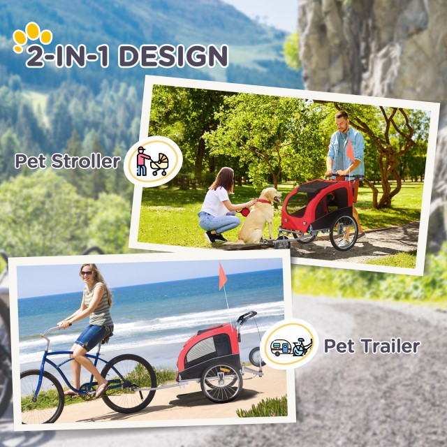 PawHut Bicycle Trailer για σκύλους μεσαίου μεγέθους με 2 εισόδους με παράθυρα και ηλιοροφή, 126-155x83x108 cm, κόκκινο 5663-1289