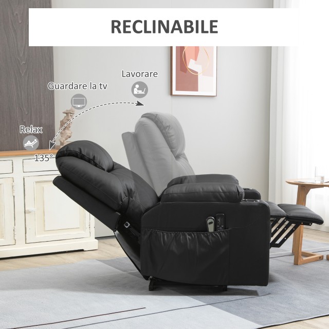 HOMCOM Lift Chair Max 135° Recliner με 8 πόντους μασάζ και στήριγμα ποδιών, 88x92x106 cm, Μαύρο 713-096BK