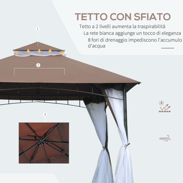 Outsunny Garden Gazebo 3x3m με κουνουπιέρα, πολυεστερική κατασκευή στέγης 2 επιπέδων σε καφέ μέταλλο 84C-010CF