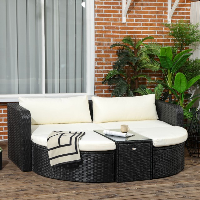 Σετ σαλονιού Outsunny Garden με 2 πολυθρόνες και 2 υποπόδια PE Rattan, Γυάλινο Τραπεζάκι σαλονιού, Μαύρο 860-277V00BK
