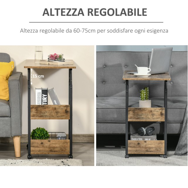 Τραπεζάκι σαλονιού HOMCOM Industrial Style σε σχήμα C, Κομοδίνο με ρυθμιζόμενο ύψος σχεδίασης - Ρουστίκ καφέ 839-290