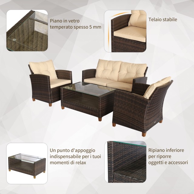 Outsunny Σετ Έπιπλα Κήπου 4 τεμαχίων σε Rattan PE Τραπεζάκι σαλονιού, Καναπές και Πολυθρόνες Καφέ με Μπεζ μαξιλάρια 860-117BG
