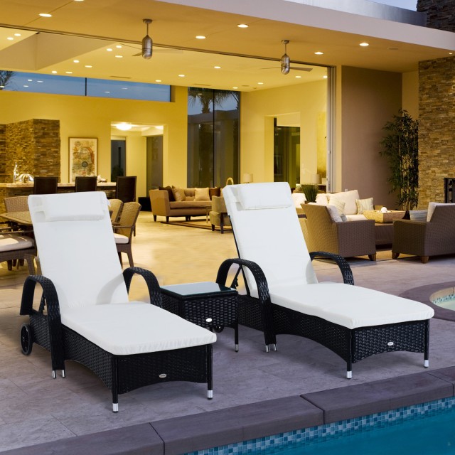 Outsunny Σετ 2 Rattan Ξαπλώστρα Ξαπλώστρα με Επενδυμένο στρώμα και Τραπεζάκι σαλονιού, Μαύρο 862-011BK