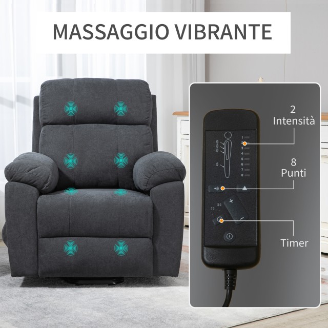 HOMCOM Lift Chair ανακλινόμενη έως 135° με 8 σημεία μασάζ, τηλεχειριστήριο και υποπόδιο 85x94,5x103 cm, Γκρι 713-097