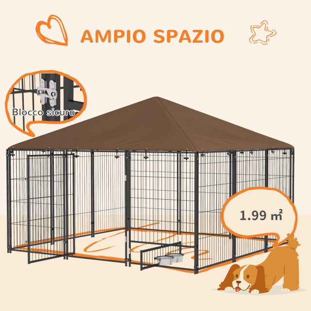 Dog Run από μέταλλο και ύφασμα Oxford με πόρτα για μπολ, 211x211x151 cm, μαύρο και καφέ D02-057V03CF