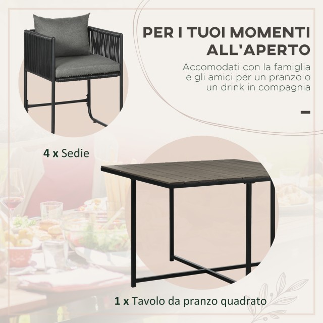 Outsunny Σετ κήπου 5 τεμαχίων PE Rattan and Steel, 4 καρέκλες εξωτερικού χώρου με μαξιλάρια και ορθογώνιο τραπέζι 861-061V00GY