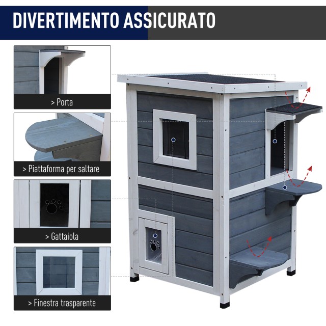 PawHut Outdoor Pet Kennel 2 Επιπέδων Ανοιγόμενο Ξύλο Γκρι και Λευκό...