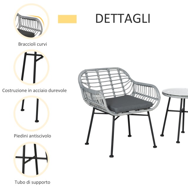 Σετ Έπιπλα Κήπου Outsunny σε PE Rattan με 2 καρέκλες και Τραπεζάκι σαλονιού με γυάλινο ράφι, γκρι 863-085