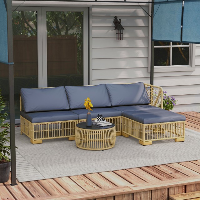 Σετ σαλονιού Outsunny Garden Rattan με αρθρωτό καναπέ, μαξιλάρια και τραπεζάκι σαλονιού, γκρι 860-325V00GY