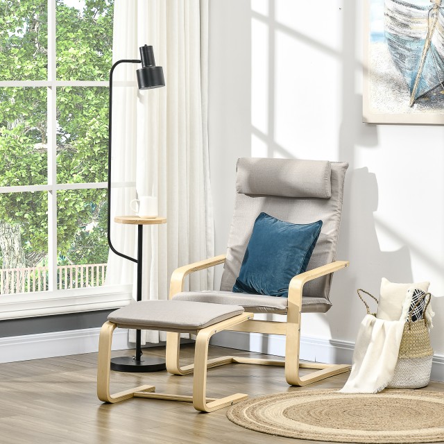 Πολυθρόνα HOMCOM Relax με Ottoman Footstool, Πολυθρόνα από ξύλο και ύφασμα λινό εφέ με μαξιλάρι προσκέφαλου, 67x69x100cm, Γκρι 839-382