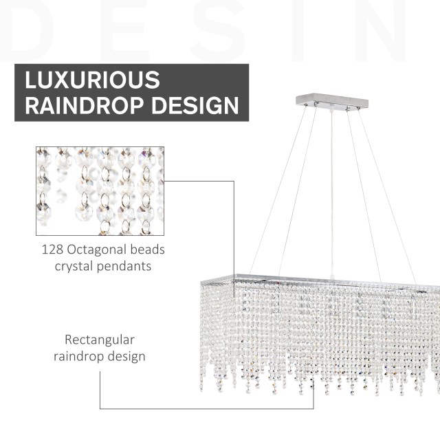 HOMCOM Modern Drop Chandelier, 128 κρυστάλλινα μενταγιόν και μεταλλική βάση, 7 E14 40W Attacks, 80x20x130cm Ασημί B31-275