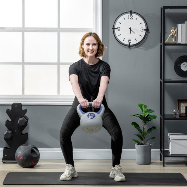 SPORTNOW Kettlebell 12kg σε PU και Sand με επίπεδη βάση και λαβή για Deadlifts, Squats και Lifts, 24x17x28 cm, Μπλε A91-255V05BU