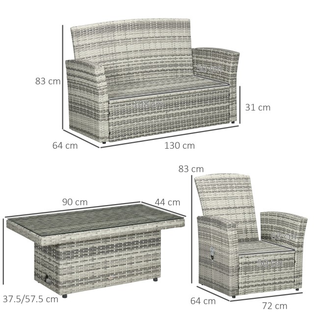 Outsunny 4τμχ Γκρι Rattan Σετ Κήπου με Τραπέζι ρυθμιζόμενου ύψους, 2 Ανακλινόμενες Πολυθρόνες και 2 Θέσιο Καναπέ 860-276V00LR