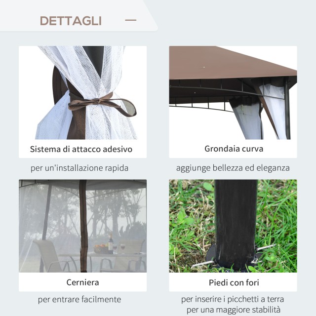 Outsunny Garden Gazebo 3x3m με κουνουπιέρα, πολυεστερική κατασκευή στέγης 2 επιπέδων σε καφέ μέταλλο 84C-010CF