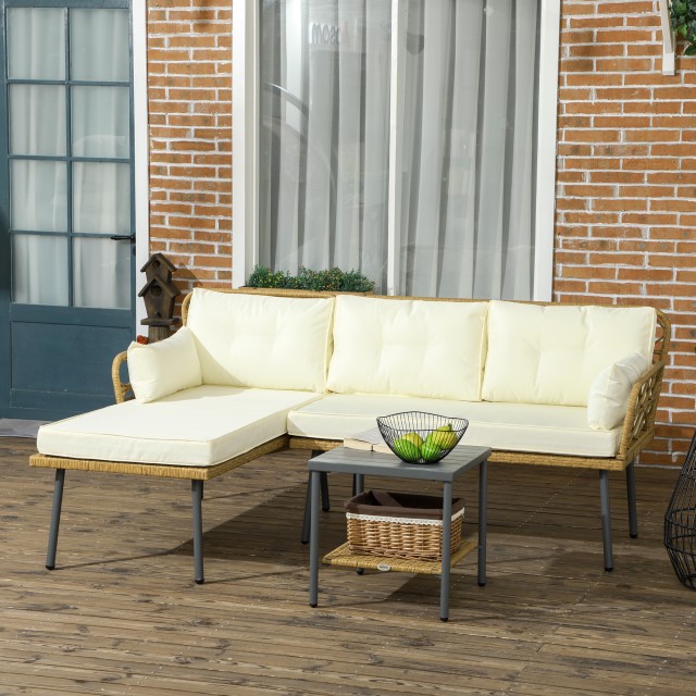 PE Rattan Garden Lounge με σεζλόνγκ, 2θέσιο καναπέ και τραπεζάκι σαλονιού, κρέμα 84G-359V00CW