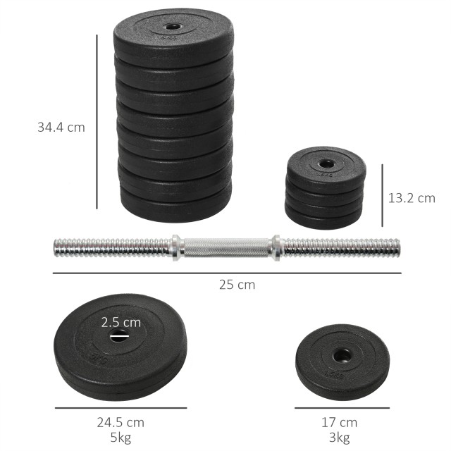 HOMCOM Set Dumbbells Gym 50kg Ρυθμιζόμενο κιτ Βαρών Bodybuilding με 12 Λαστιχένια Δίσκους Μαύρο B1-0127
