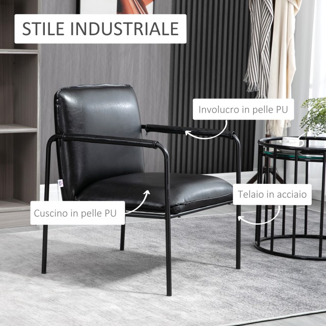 Πολυθρόνα κρεβατοκάμαρας με ταπετσαρία HOMCOM Industrial Style, PU Δερματίνη και Ατσάλι, 60x59x78cm, Μαύρο 839-500V00BK