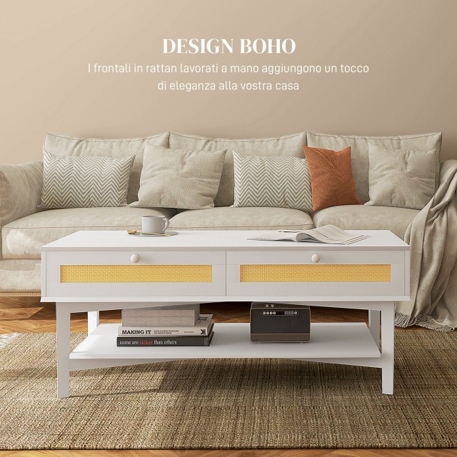Τραπεζάκι σαλονιού HOMCOM Boho με 2 συρτάρια και ράφι, σε ράταν και μοριοσανίδα, 120x50x50 cm, λευκό και χρώμα ξύλου 839-931V01WT