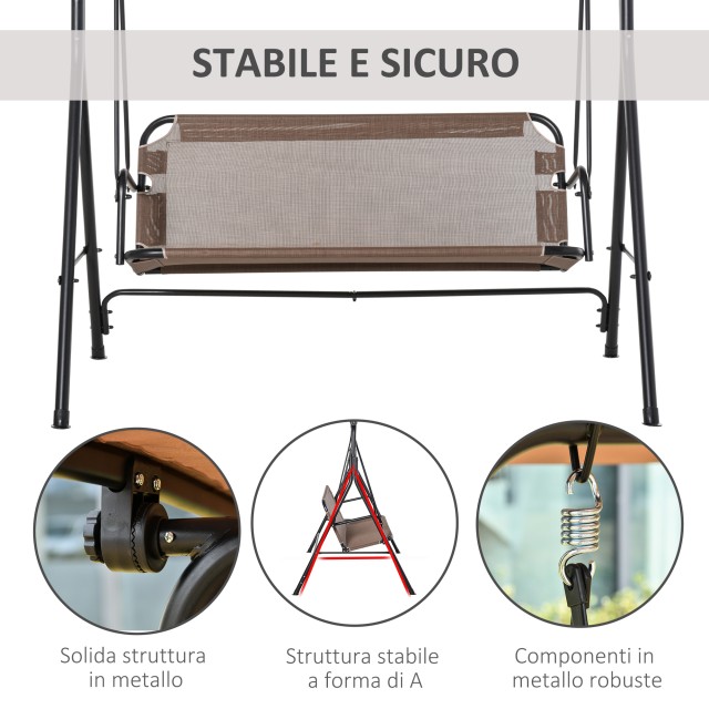 Outsunny Garden Swing Terrace 3 θέσεων με ρυθμιζόμενο μεταλλικό κουβούκλιο και Texteline 172x110x155cm, καφέ 84A-181BN