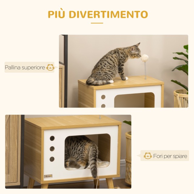 PawHut TV σε σχήμα μοριοσανίδας σπιτάκι γάτας με μαξιλάρι και μπάλα παιχνιδιών, 50x28x43 cm D30-595V00AK