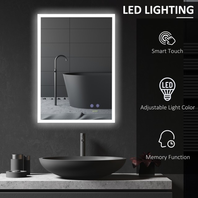 Καθρέφτης μπάνιου Kleankin με φως LED 70x50 cm, Καθρέφτης με λειτουργία κατά της ομίχλης και κουμπιά αφής, ασημί 834-390V90