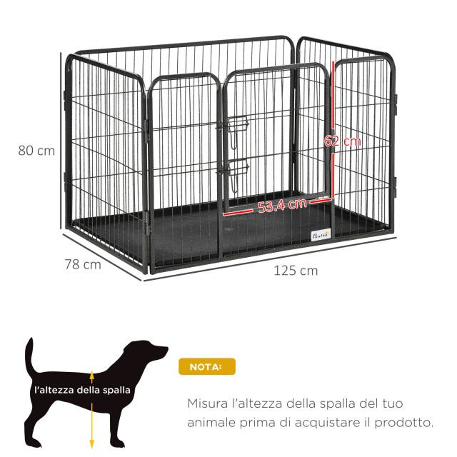 PawHut Dog Παρκοκρέβατο Μεταλλικός φράχτης για κατοικίδια με 4 πάνελ, διπλή πόρτα κλειδώματος και κάτω δίσκος, 125x78x80cm, γκρι D06-138V01
