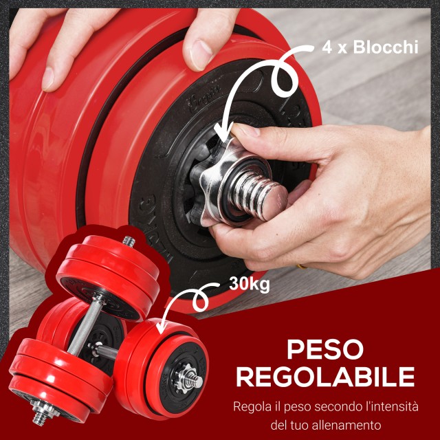HOMCOM Barbell and Dumbbell Σετ 2 σε 1 Βάρη 30kg, Δίσκοι με πλαστική επίστρωση ανθεκτική στις γρατσουνιές, κόκκινο A91-156