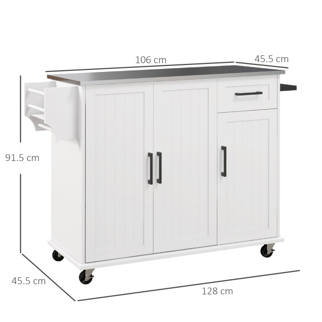 HOMCOM Kitchen Island με συρτάρι, ντουλάπι και 2 ανοιχτά ράφια, από MDF και ανοξείδωτο ατσάλι, 128x45,5x91,5 cm 801-341V80WT