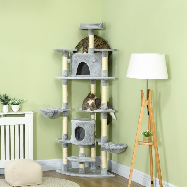 PawHut Tall Cat Scratching Tree with Houses and Hammocks, 60x60x200cm, Ανοιχτό Γκρι D30-023V01