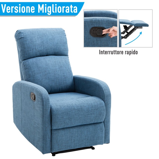 HOMCOM Manual Ανακλινόμενη Πολυθρόνα Relax με Χωρητικότητα Υποπόδιου 125kg Blue Fabric 66? 83 107 εκ 833-523BU