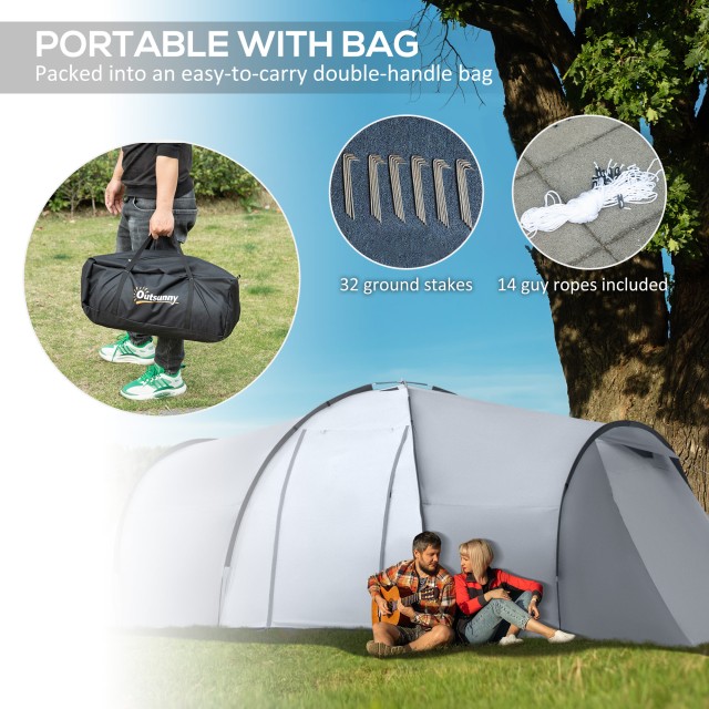Σκηνή Camping Outsunny 4-6 Ατόμων με 2 Δωμάτια Αδιάβροχη με κουβούκλιο, 590x245x193cm, Γκρι A20-287V00CG