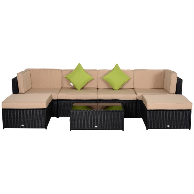 Outsunny Garden Lounge σε PE Rattan 7 τεμαχίων με καναπέ πουφ Τραπεζάκι σαλονιού μαύρο με χακί και πράσινα μαξιλάρια 860-002V02